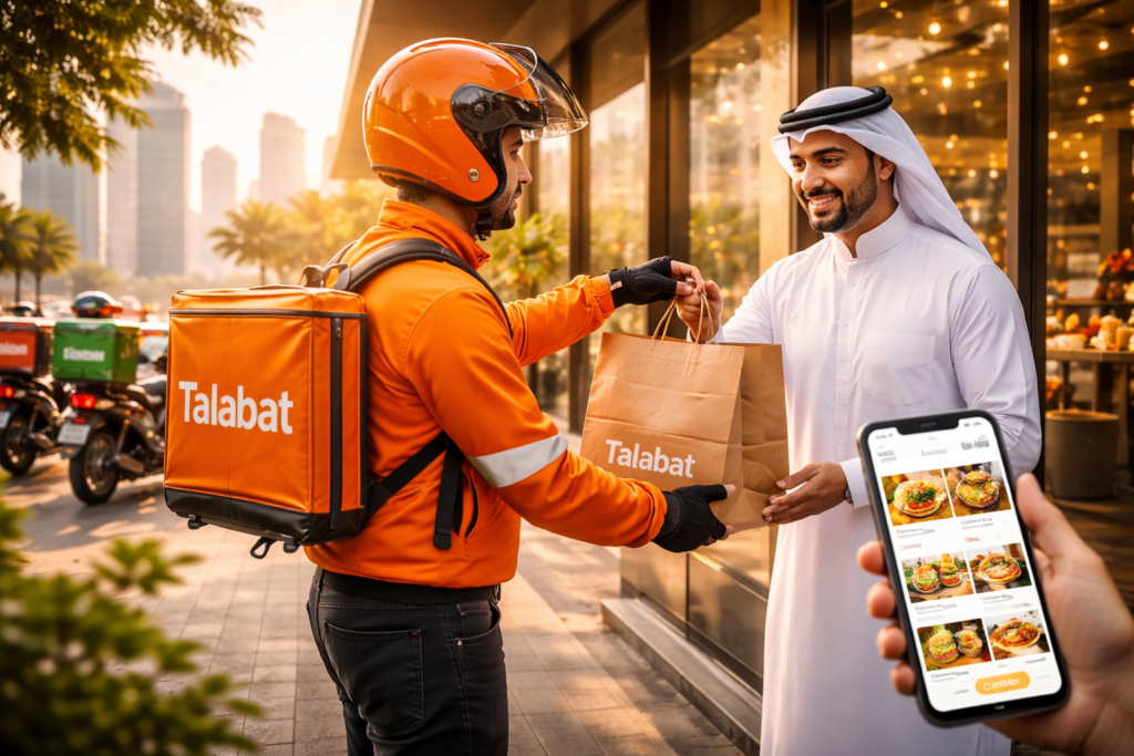 Food delivery services in Qatar with delivery rider in Doha