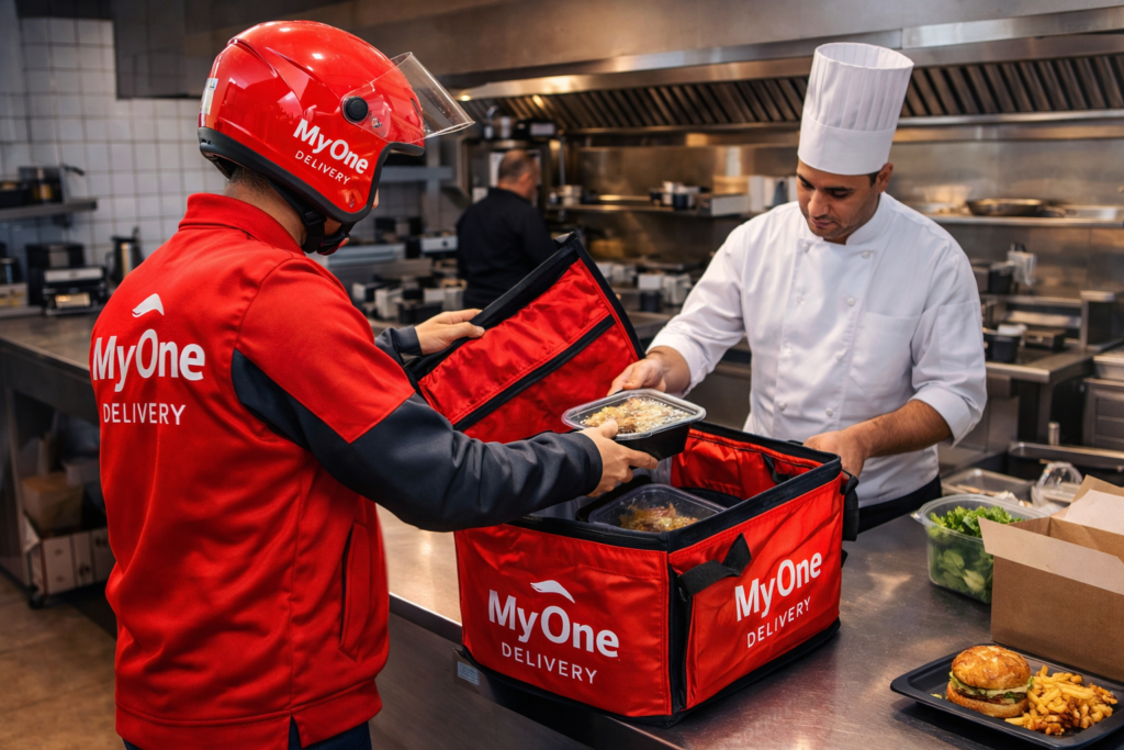 My One Delivery rider performing quality check during order pickup in Qatar