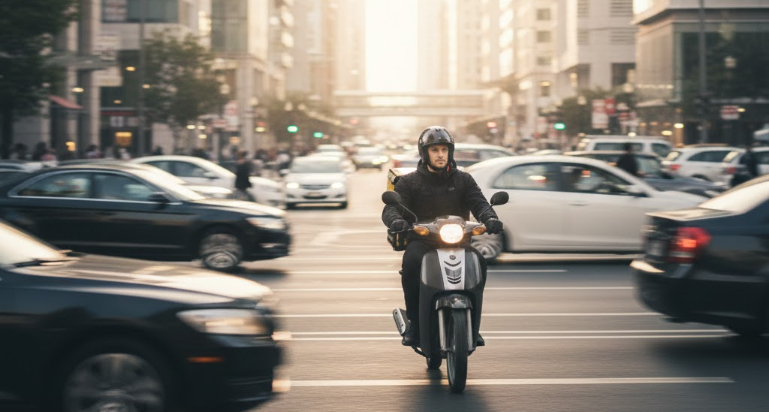 Delivery rider riding through busy streets of Lusail and West Bay during midday