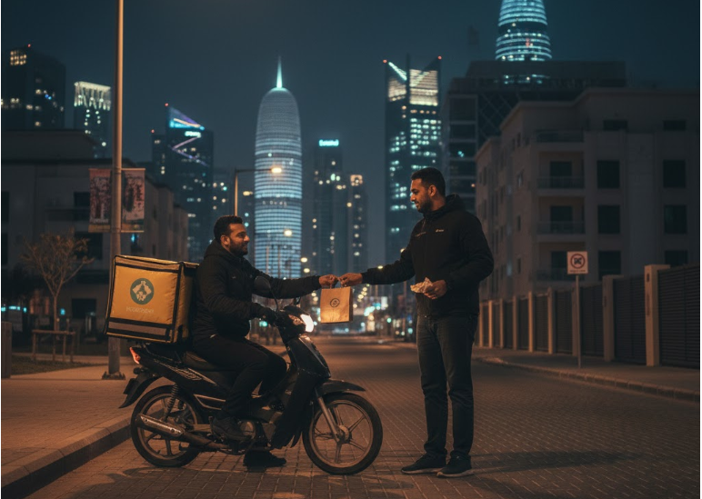 Delivery rider handing over the last delivery at night in Doha