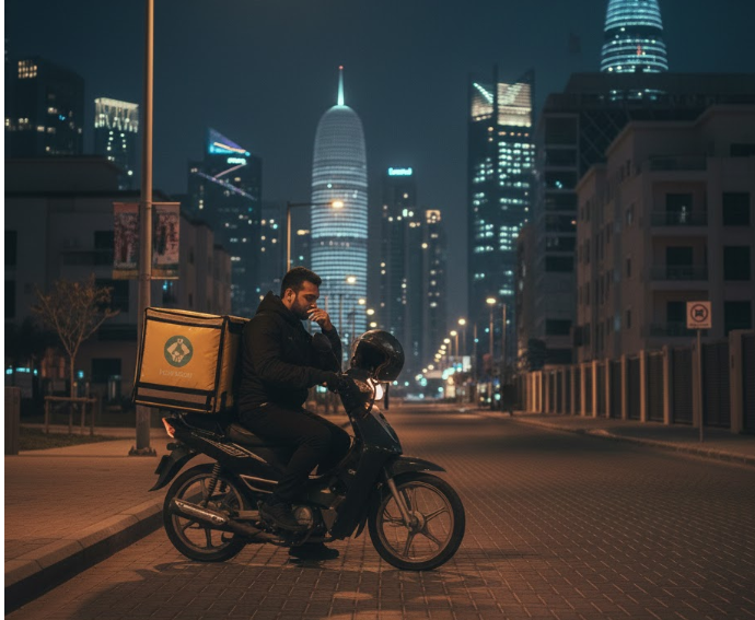 Delivery rider parking bike at night after finishing deliveries in Doha