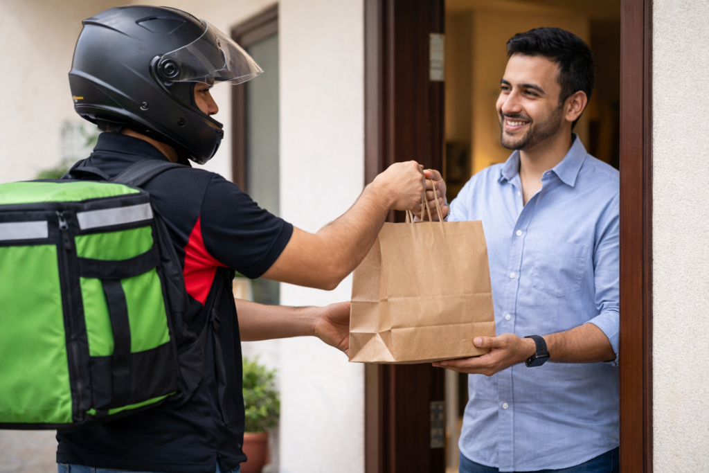 food delivery jobs in Qatar with rider delivering order